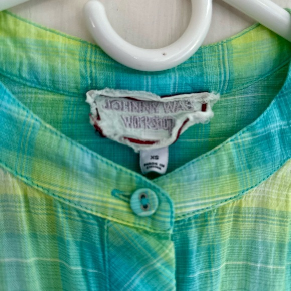 Johnny Was Turquoise and Lime Plaid Hazel Shirred Yoke Blouse XS NWT - Picture 3 of 8
